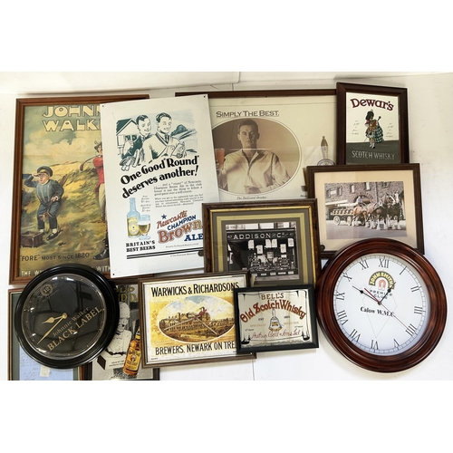 288 - ADVERTISING GROUP. Largest 16 x 24ins. Clocks, framed pictures. Mainly Whisky. Great for home bar. M... 