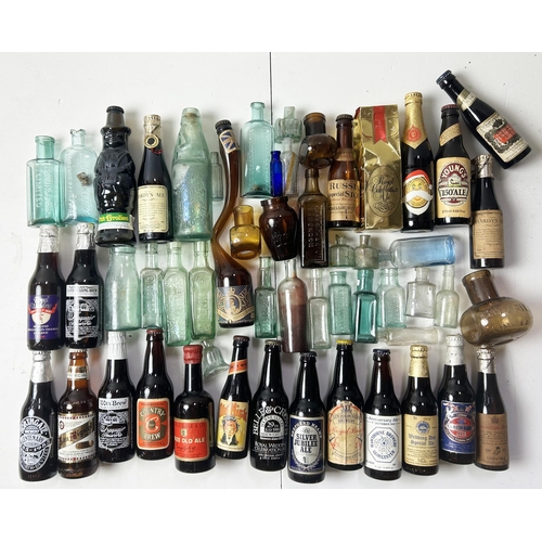 295 - GLASS GROUP. Tallest 9ins. Beer bottles with contents, inks, Virols, sauce bottles, Bovrils etc. Dam... 