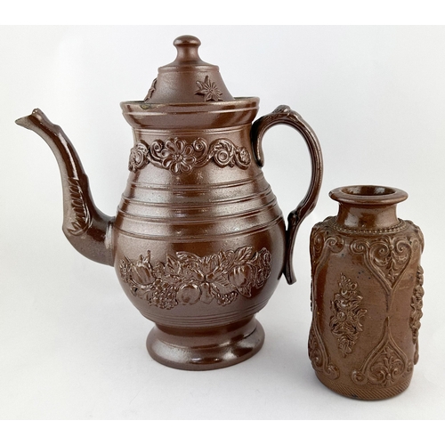 31 - SALT GLAZE DUO. Tallest 10.5ins. Lidded teapot & jar. Floral decoration. Minor nibble & hairline. (2... 