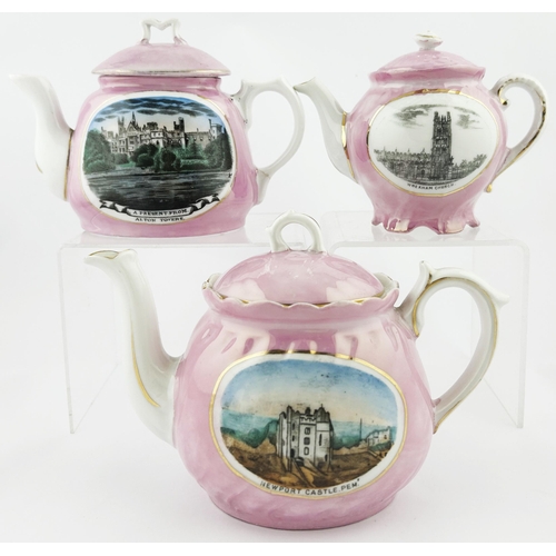 325 - PINK LUSTRE TEAPOT TRIO. Tallest 5ins. Inc. WREXHAM, ALTON TOWERS & NEWPORT. Hairline. (3)