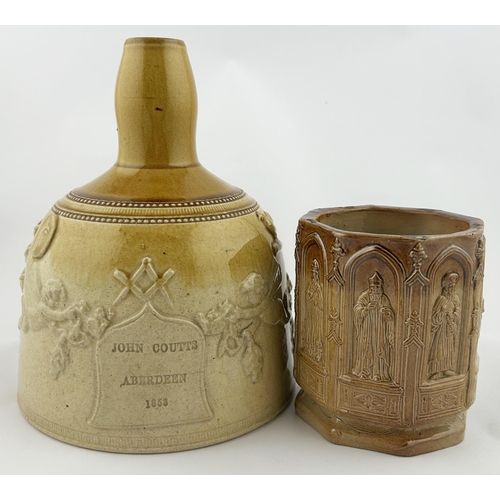 328 - STONEWARE DUO. Tallest 9.5. Impressed ABERDEEN 1853 sprigged mallet & heavy sprigged tabacco jar? Da... 