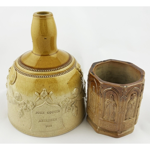 328 - STONEWARE DUO. Tallest 9.5. Impressed ABERDEEN 1853 sprigged mallet & heavy sprigged tabacco jar? Da... 