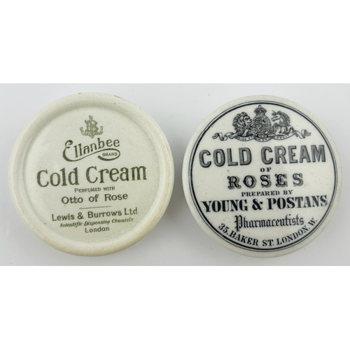 335 - COLD CREAM POT LID DUO. 3ins diam. Green transfer ELLANBEE LONDON plus black transfer YOUNG & POSTAN... 