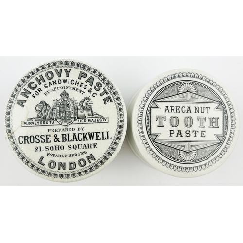 336 - POT LID & BASE DUO. Largest 3.5ins. Crosse & Blackwell Anchovy Paste plus Areca Nut Tooth paste. Min... 