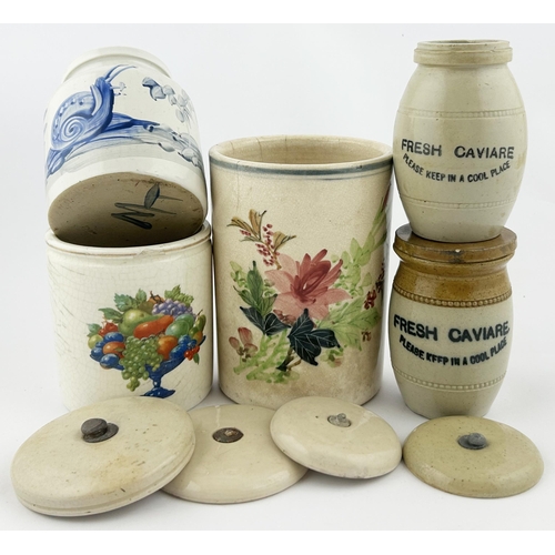 347 - POTTERY MIX. Tallest 5.5ins. Various jars with coloured transfers plus 2 x caviares & lids. Damages.... 