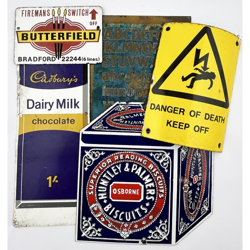 348 - ENAMEL SIGN GROUP. Largest 14ins. Inc. Huntley & Palmer, Cadburys, Butterfield, Danger of death plus... 