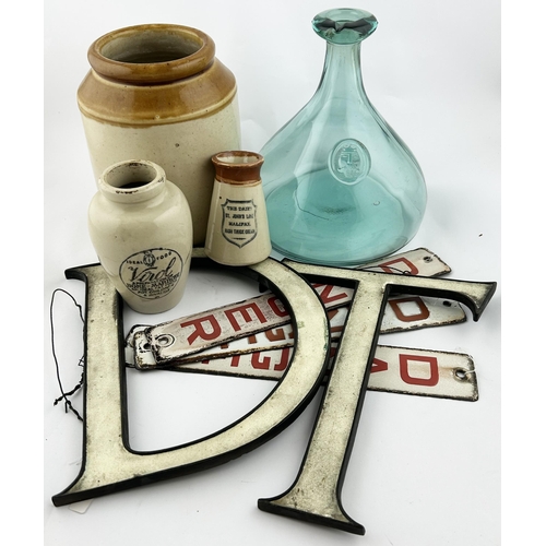 353 - ECLECTIC MIX. Tallest 9ins. Inc. Plain jar, onion type bottle, virol & cream jar. DANGER enamels plu... 