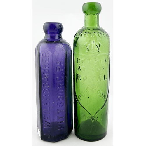 361 - EMBOSSED BOTTLES DUO. Tallest 8.75ins. Purple PITTSBURG plus HARROGATE PUMP ROOM bottle. Damages. (2... 