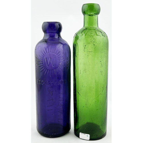 361 - EMBOSSED BOTTLES DUO. Tallest 8.75ins. Purple PITTSBURG plus HARROGATE PUMP ROOM bottle. Damages. (2... 