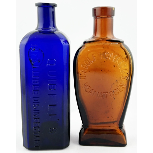 368 - EMBOSSED BOTTLE DUO. Tallest 7ins. QUIBELLS DISINFECTANT & DR ADOLF HOMMELS HEAMATOGEN. Minor damage... 