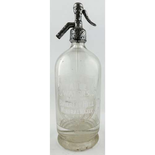 376 - BRIERLEY HILL SODA SYPHON. 12.5ins tall. Acid etched. PURE TABEL WATERS. Complete with trigger. Worn... 