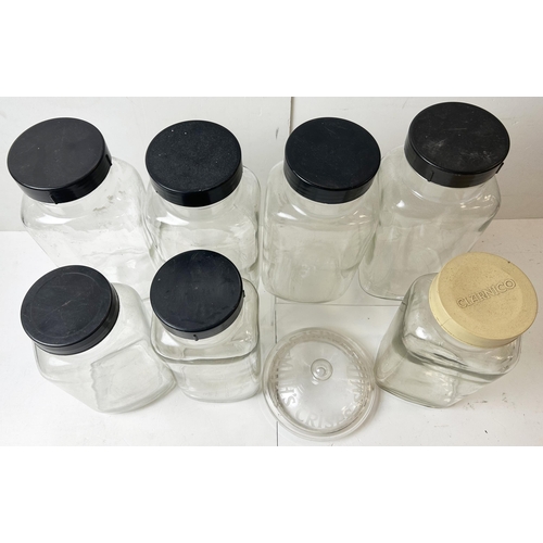 395 - SWEET JAR GROUP. Clear glass sweet jars with lids plus Smith Crisps acid etched lid. Damages. (8) 8/... 