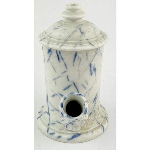 40 - BIRD FEEDER SHAPED INKWELL. 4ins tall. Porcelain marbled effect, front pen rest. Minor repair & hair... 