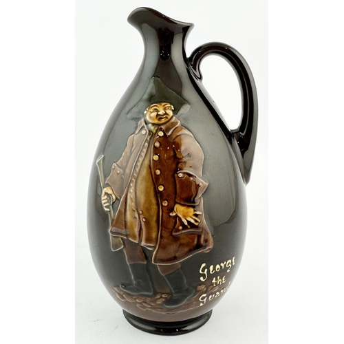 41 - ROYAL DOULTON GEORGE THE GUARD KINGSWARE FLASK. 8ins tall. Side handle, pouring spout, base p.m.