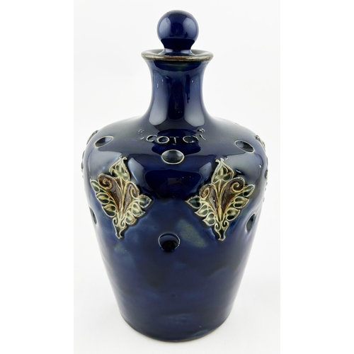 413 - ROYAL DOULTON SCOTCH WHISKY ARTWARE DECANTER. 9.25ins tall. Blue glaze, green leaf type imprints rou... 