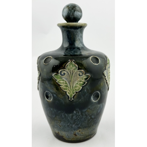 414 - ROYAL DOULTON WHISKY DECANTER. 8ins tall. Green/ blue marbled body, green leaf type imprints round, ... 