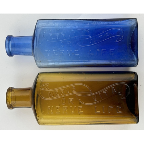 417 - NERVE LIFE BOTTLES DUO. 4.5ins tall. Embossing to one side. Chip to lip & base. (2)