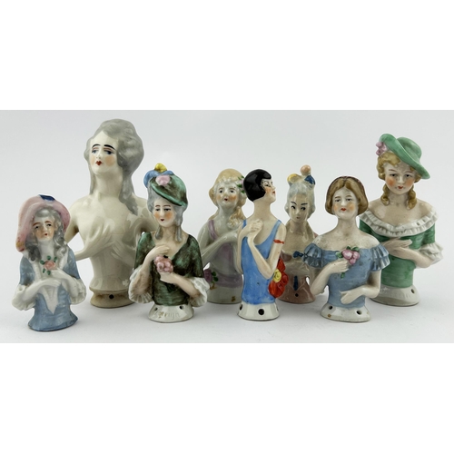 418 - PINCUSHION DOLLS. Tallest 5ins. Various ladies, mainly bonnetted. (8)