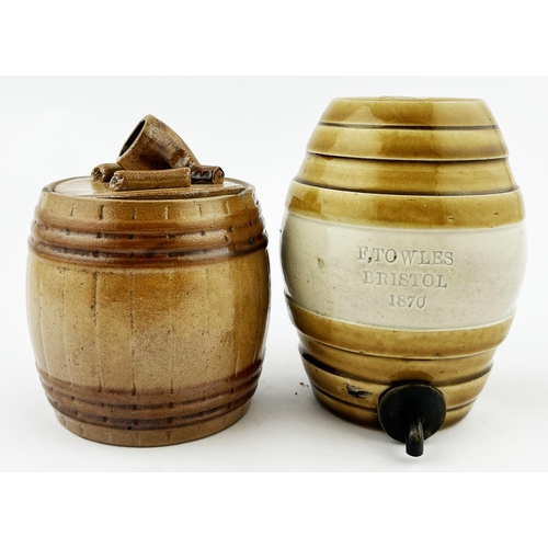 419 - MINIATURE BARREL DUO. Tallest 4.5ins. Tobacco jar with pipe applied to lid, other impressed F TOWLES... 