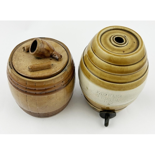 419 - MINIATURE BARREL DUO. Tallest 4.5ins. Tobacco jar with pipe applied to lid, other impressed F TOWLES... 