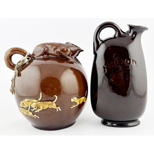 43 - ROYAL DOULTON KINGSWARE FLASK DUO. Tallest 8.25ins. Huntsman with crouching fox to top, plus Nelson.... 