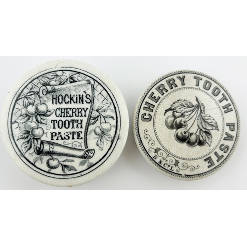 430 - CHERRY TOOTH PASTE POT LID DUO. Largest 2.75ins diam. Initials B & Co L to bottom plus HOCKINS. Hair... 