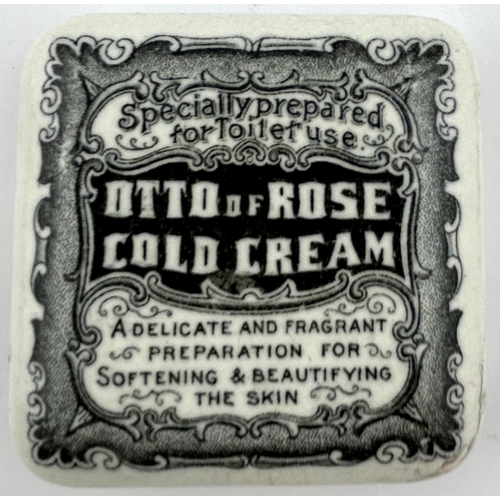 438 - OTTO OF ROSE POT LID. 2.5ins diam. Square lid, COLD CREAM, several directions underneath. Minor craz... 