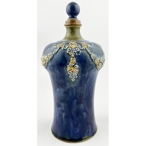 441 - ROYAL DOULTON WHISKY DECANTER. 10ins tall. Blue body with raised brown & blue swagged floral decorat... 