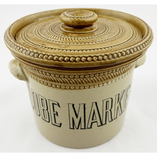 444 - GLOBE MARKET BUTTER CROCK. 6.5ins tall. Black transfer, side handles, impressed 4 under handle, Buch... 