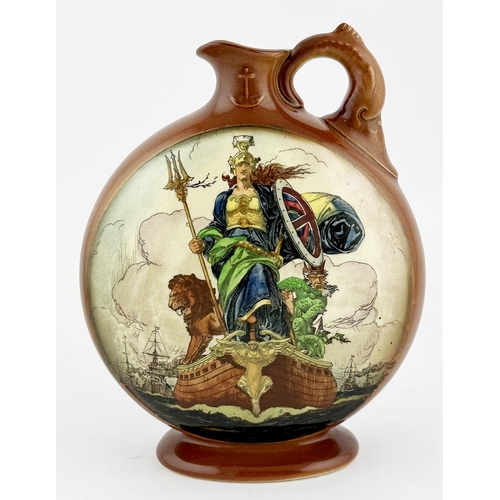 46 - ROYAL DOULTON KINGSWARE PEACE FLAGON FLASK. 7.5ins tall. Britannia pictured to front with dolphin ta... 