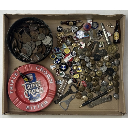 56 - ECLECTIC MIX. Inc. Buttons, coins, badges, plus brewery items. Railway, military & cars etc. Well wo... 