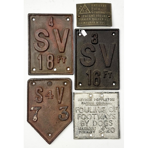 63 - CAST RAILWAY SIGNS. Largest 8ins. Yorkshire & Edinburgh, one brass. Worn. Very heavy. (5) 7/10 Very ... 