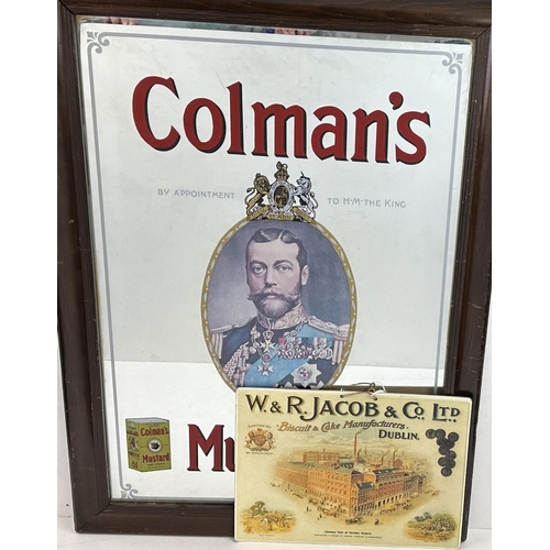 67 - COLMANS MUSTARD MIRROR & CARD ADVERT. Large framed mirror plus W&R JACOB & CO LTD advert. Modern. (2... 