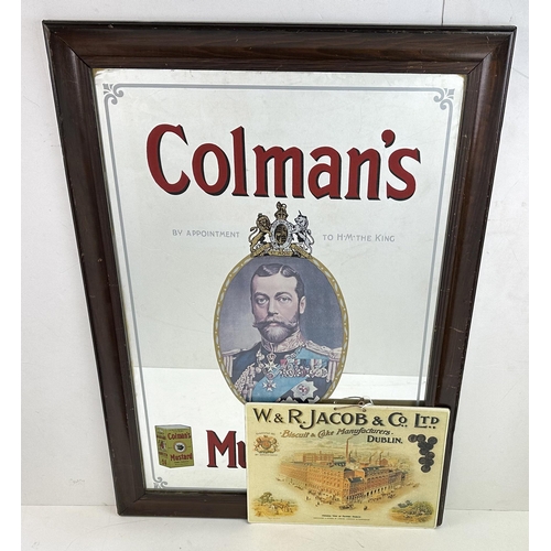 67 - COLMANS MUSTARD MIRROR & CARD ADVERT. Large framed mirror plus W&R JACOB & CO LTD advert. Modern. (2... 