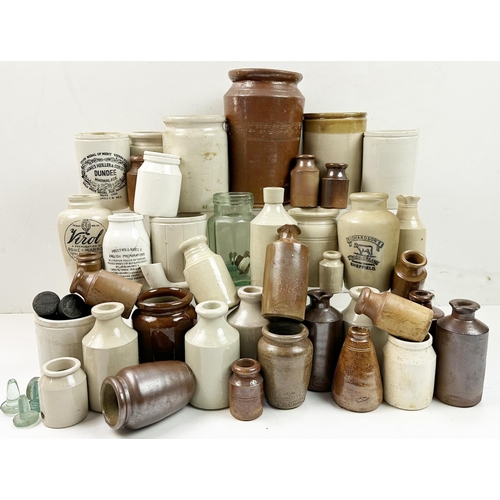 69 - MIXED STONEWARE GROUP. Inc. Virol, marmalade, pipe, cream & glass jars etc. Damages. (35+) 7/10 Unsu... 