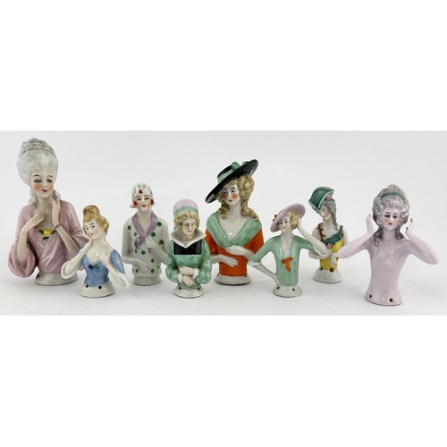 7 - PINCUSHION DOLL GROUP. Tallest 5ins. Various Victorian designs, some bonneted. Minor damage. (8)