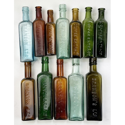 71 - BRANSON COFFEE EXTRACT BOTTLES GROUP. Various colours, embossed. Damages. (12) 8/10 Unsuitable for p... 