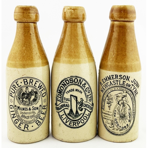 75 - GINGER BEER TRIO. Tallest 8ins tall. BRADFORD, LIVERPOOL & NEWCASTLE with centre pictorial t.m. Minu... 