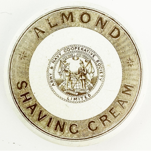 92 - ARMY & NAVY ALMOND SHAVING CREAM POT LID. 3.5ins diam. Brown transfer. Repaired.