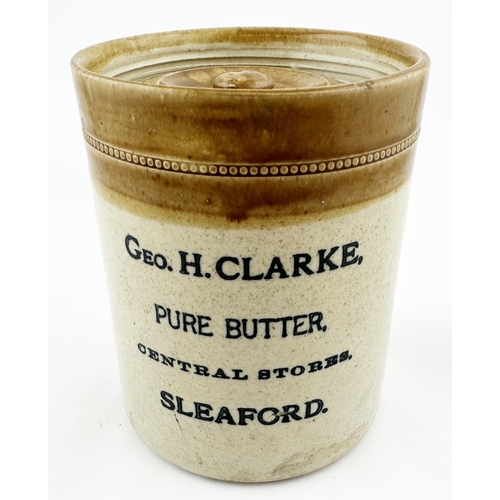 450 - SLEAFORD BUTTER JAR. 6ins tall. Brown top, black transfer. GEO H CLARKE/ CENTRAL STORES. With lid. M... 