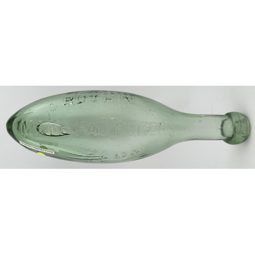 464 - RUTHIN HAMILTON. 9.5ins long. Aqua glass, embossed R. ELLIS & SON/ MANUFACTURERS/ TO/ THE ROYAL FAMI... 