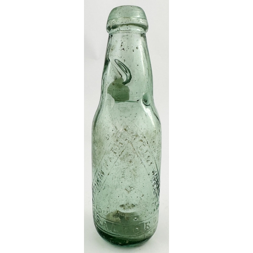 465 - SALFORD NARROW NECK CODDS PATENT 4 CODD BOTTLE. 7.2ins tall. Aqua glass, embossed EDWIN MATHER/ REGE... 