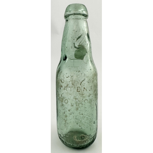 465 - SALFORD NARROW NECK CODDS PATENT 4 CODD BOTTLE. 7.2ins tall. Aqua glass, embossed EDWIN MATHER/ REGE... 