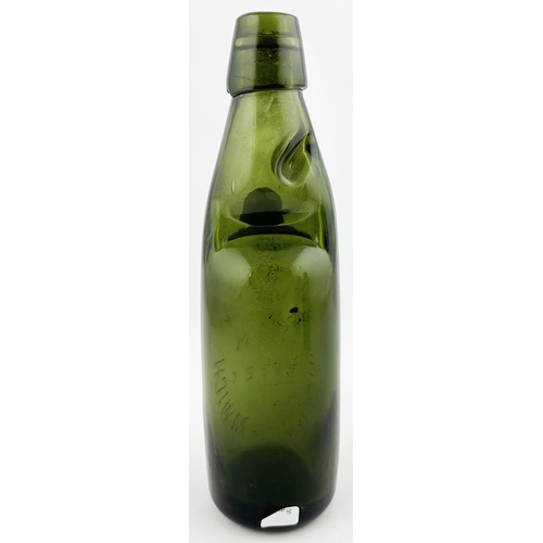 467 - WEST BROMWICH CODD BOTTLE. 9.1ins tall. Dark olive green glass, embossed PA GREEN/ QUEEN/ STREET. Mi... 