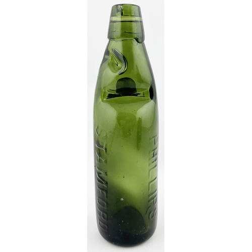 468 - STAMFORD CODD BOTTLE. 9ins tall. Dark green glass, embossed PHILLIPS/ STAMFORD, to rear J W DOBSON/ ... 