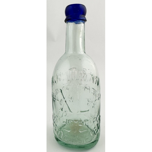 469 - HUDDERSFIELD BLUE LIP BEER BOTTLE. 7.8ins tall. Aqua glass, strong cobalt blue lip. Heavily embossed... 