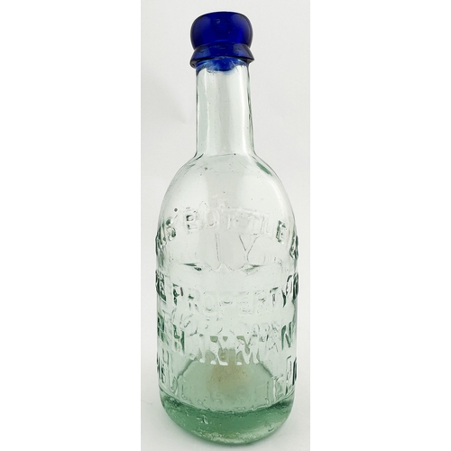 469 - HUDDERSFIELD BLUE LIP BEER BOTTLE. 7.8ins tall. Aqua glass, strong cobalt blue lip. Heavily embossed... 