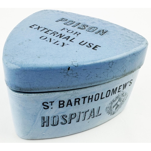 474 - ST BARTHOLOMEWS HOSPITAL POT. (DP p159) 2.5ins tall. Blue porcelain lidded pot with black transfer t... 