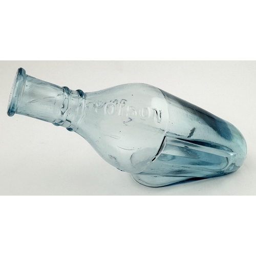 475 - QUINES POISON BOTTLE. (DP p 34) 7.4ins long. Delightful ice blue glass, embossed POISON either side ... 