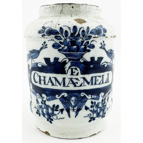 476 - DELFT TIN GLAZED DRUG JAR. 4.4ins tall. Decorated with the Song Bird & Basket design with E/ CHAMAEM... 